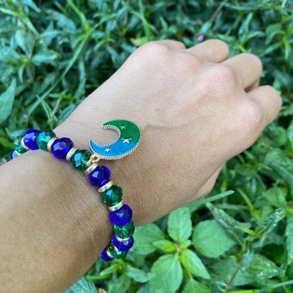 🌙Blue Plated Enamel Moon Celestial Charm Glass Bead Stackable Bracelet - Picture 4 of 5